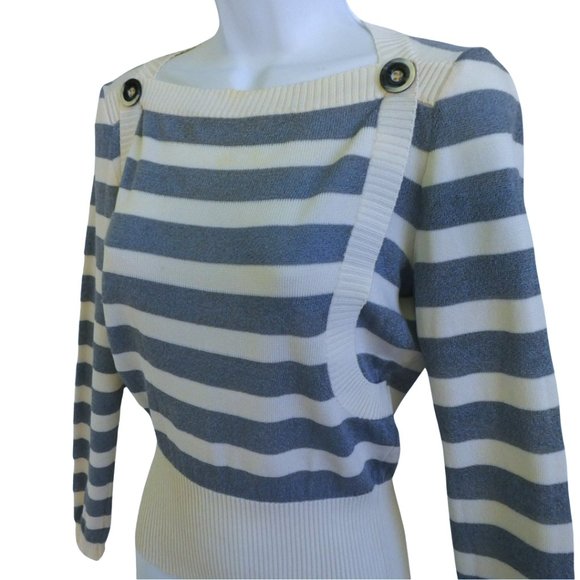Crissa Linea Italiana Vintage 70s Wool Knit Sweater Top Blue Ivory Stripe Italy - Picture 2 of 6